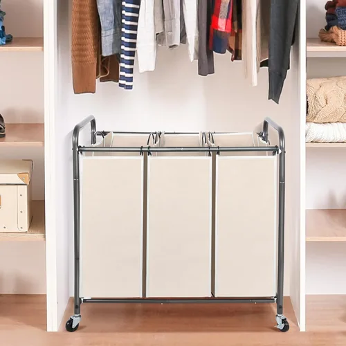 Miniatura 3 de STO STO Organizador de ropa sucia de 3 secciones, cesta de ropa con 3 bolsas, cesta de lavandería con ruedas resistentes y bolsa extraíble para Beige
