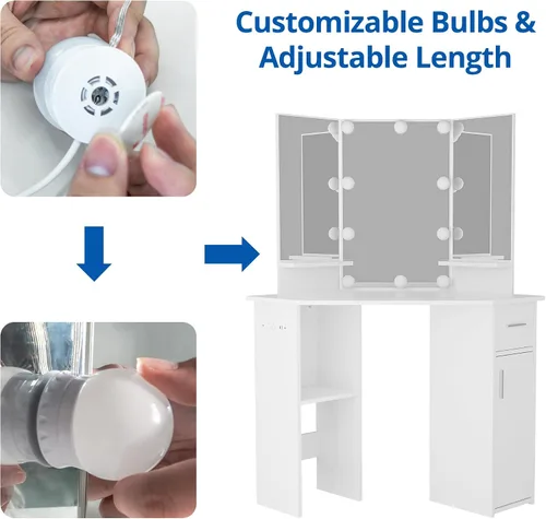 Miniatura 9 de Escritorio pequeño de esquina con espejo y luces, mesa de tocador de maquillaje para dormitorio con cajones deslizantes y armario de almacenamiento