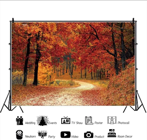 Miniatura 2 de Leyiyi Telón de fondo de bosque de otoño de 5 x 3 pies, árboles de arce rojo, camino de montaña, paisaje caducifolio, Acción de Gracias, fotografía
