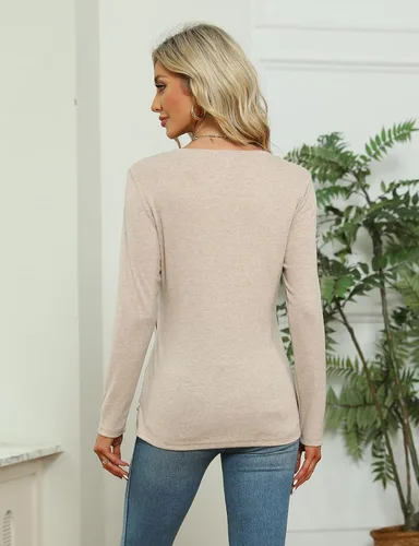Miniatura 4 de Blusa con cuello en V, manga larga y nudo trenzado para mujer, diseño cómodo, holgado e informal