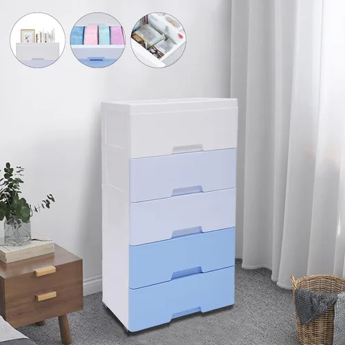 Miniatura 9 de Cajones de plástico, armario de almacenamiento de 5 cajones, torre vertical apilable de almacenamiento de ropa, armario alto y pequeño para Azul