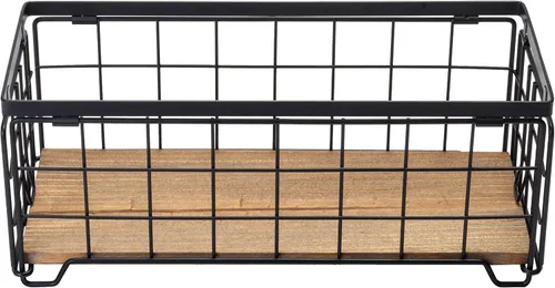 Miniatura 4 de Cesta de almacenamiento de alambre de metal, soporte para rollo de papel higiénico, base de madera, caja de decoración de encimera, estante de Negro