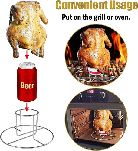 Miniatura 4 de Soporte para latas de cerveza, 2 piezas para horno a la parrilla, ahumador, resistente, acero inoxidable, soporte para pollo a tope de cerveza