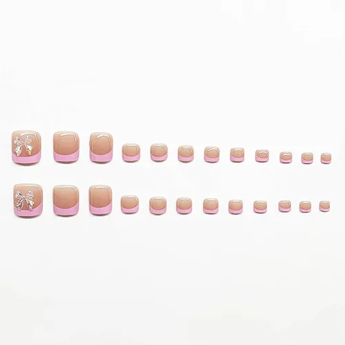 Miniatura 4 de Lindas uñas postizas a presión con punta francesa rosa, uñas postizas cuadradas de cobertura completa con diseños de dijes de lazo, uñas acrílicas