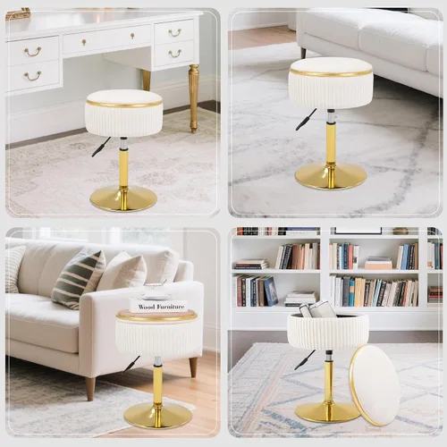 Miniatura 6 de Taburete de tocador ajustable con almacenamiento, silla taburete de maquillaje giratorio de 360°, otomana redonda pequeña de terciopelo con base
