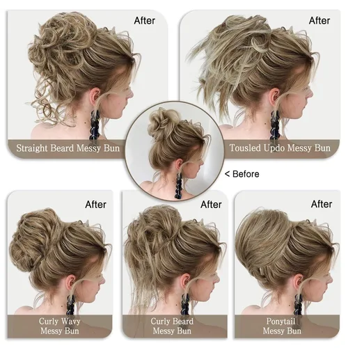 Miniatura 3 de HMD 5 piezas de moño despeinado para mujer, extensión de cabello con banda de goma elástica, extensión de cabello largo y desordenado, accesorios