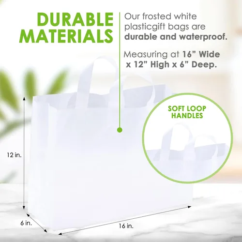 Miniatura 9 de Prime Line Packaging Bolsas de regalo de plástico, bolsas de regalo esmeriladas grandes con asas para artículos esenciales para pequeñas empresas