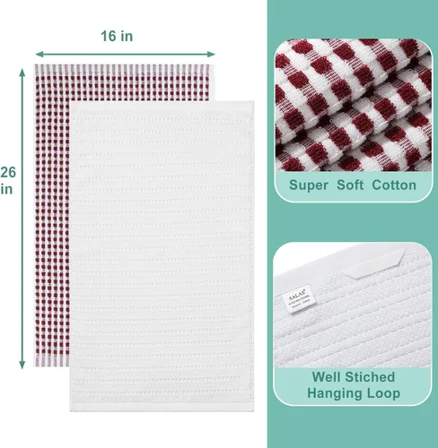 Miniatura 3 de SALAS Paños de cocina de algodón para secar platos de cocina, toallas de cocina de rizo celosía, paños absorbentes con lazo para colgar, 16 x 26
