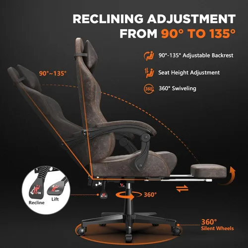 Miniatura 8 de Ferghana Silla vintage de piel sintética para videojuegos, silla de jugador con respaldo alto con masaje, silla ergonómica de oficina para Marrón