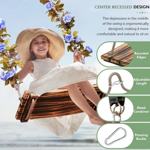 Miniatura 5 de Asiento de columpio de madera mejorado 2025, 18 x 8 pulgadas, columpio de árbol colgante para adultos y niños, carga de 440 libras, cuerda de nailon