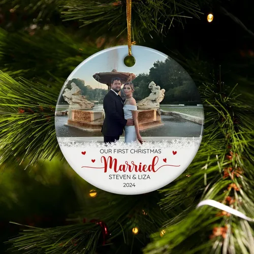 Miniatura 7 de Adorno personalizado de primera Navidad para casados, adornos de cerámica de Navidad con foto foto boda matrimonio nombre personalizado recuerdo 1ª