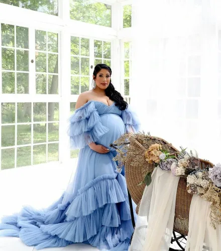 Miniatura 7 de Vestidos de maternidad de tul hinchado con volantes para sesión de fotos, hombros descubiertos, lencería nupcial, baby shower, bata de embarazo