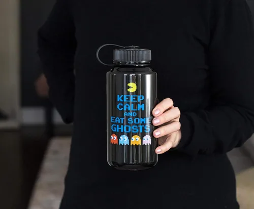 Miniatura 2 de JUST FUNKY Pac-Man Keep Calm And Eat Some Ghosts - Botella de agua de plástico grande sin BPA con tapa superior de rosca, hidratación para deportes