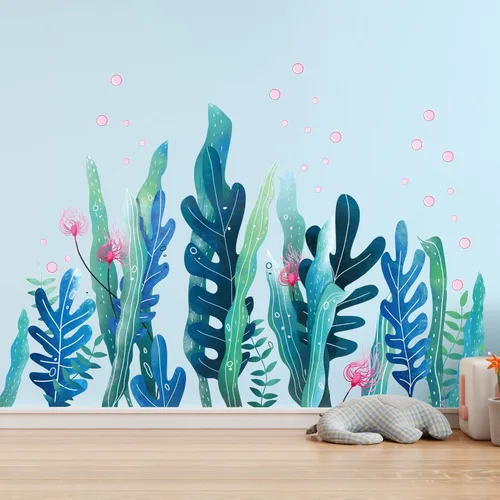 Miniatura 7 de Amaonm - Calcomanías de pared de dibujos animados creativos extraíbles 3D bajo el mar, paisaje de la naturaleza, hierba del océano, colorido, algas