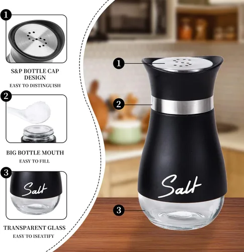 Miniatura 2 de Juego de 2 saleros y pimenteros, rellenables, con tapa de acero inoxidable, para cocina, restaurante, picnic (negro y blanco)
