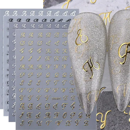 Miniatura 8 de Calcomanías de uñas con letras, 8 hojas de calcomanías de uñas con letras en inglés antiguo, 3D, autoadhesivas, doradas, plateadas, negras, blancas