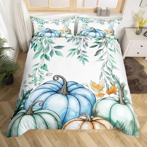Miniatura 38 de Erosebridal Juego de funda de edredón individual de pavo de Acción de Gracias, juego de ropa de cama de calabaza y hojas de otoño para niños