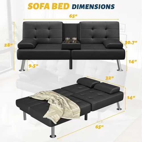 Miniatura 3 de Furmax Sofá Cama Futón Ajustable Sofá Cama Futón Sleeper para Sala de Estar, Oficina de Negocios, Sofás Reclinables con Portavasos (Cuero PU, Negro)