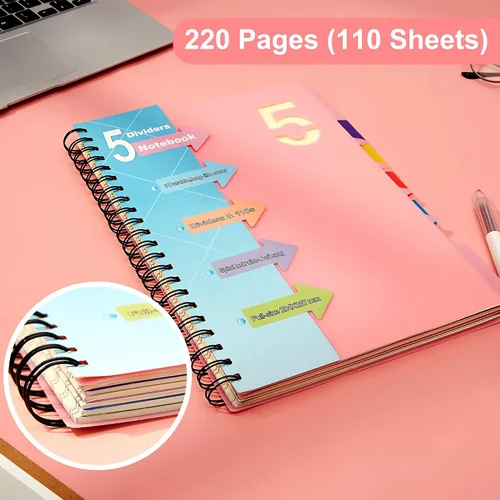 Miniatura 6 de CAGIE - Cuaderno en espiral con pestañas separadoras para 5 materias, 220 páginas, tamaño A4 de 8.5 x 11 pulgadas; suministros escolares/de trabajo