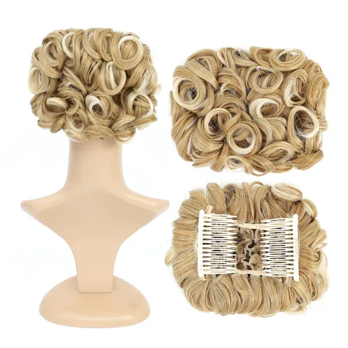 Miniatura 16 de SWACC Extensión de moño corto rizado desordenado, fácil de estirar, peines para el cabello, extensión de cola de caballo con clip, coletero, Marrón