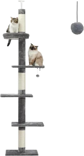 PETEPELA Torre para gatos de 5 niveles de piso a techo, altura del árbol para gatos (95-107 pulgadas), ajustable, árbol de escalada alto con poste