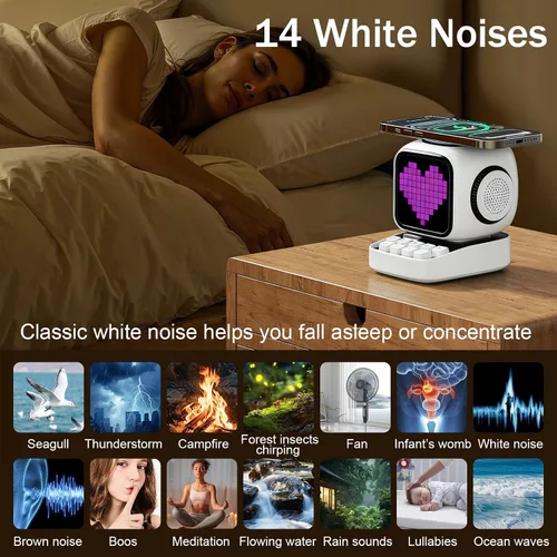 Miniatura 5 de Altavoz Bluetooth con pantalla LED clásica de 11 x 11 píxeles, altavoces de escritorio compatibles con carga inalámbrica para iPhone