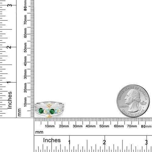 Miniatura 3 de Anillo de 4 piedras de plata de ley 925 y oro amarillo de 10 quilates, color verde, nanoesmeralda blanco simulado ópalo y diamante cultivado