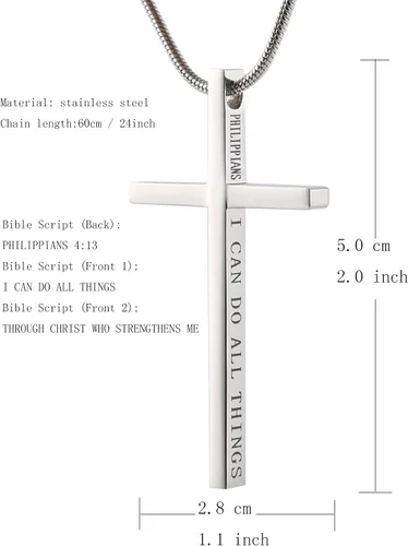 Miniatura 6 de HZMAN Collar de acero inoxidable con colgante de cruz de Filipenses 413 con versículo bíblico