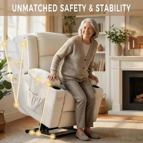 Miniatura 6 de Silla reclinable de elevación eléctrica de alta resistencia para ancianos, capacidad de 400 libras, masaje y sillón reclinable de calor, de pana