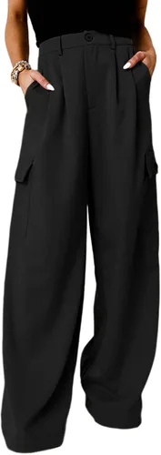 Dokotoo Pantalones cargo de cintura alta y pierna ancha para mujer, pantalones holgados de trabajo casuales con 4 bolsillos