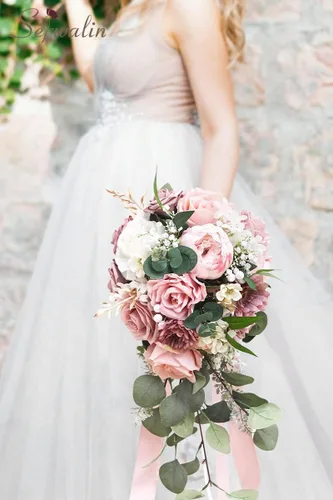 Miniatura 6 de Serwalin Ramos de boda de 9.8 pulgadas para novia y dama de honor, peonías rosa empolvado, ramos de flores de novia para boda, ramo de lanzamiento