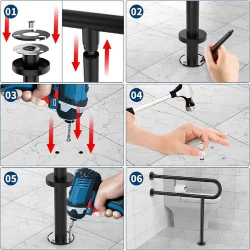 Miniatura 7 de ZUEXT - Riel de soporte para inodoro con soporte para papel higiénico de 31.5 x 28 pulgadas, barra de agarre antideslizante de pared a piso