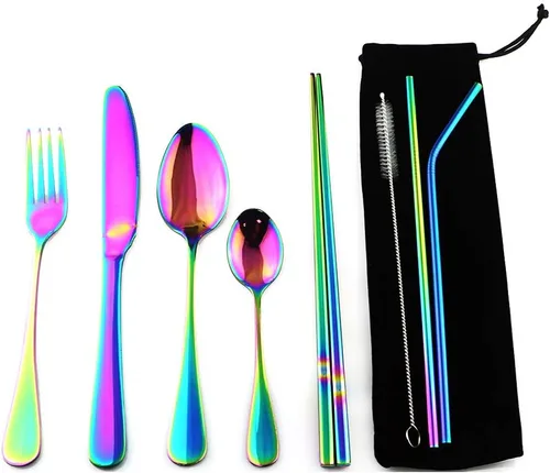 Miniatura 11 de Utensilios reutilizables plateados con estuche, saludables y ecológicos, juego de vajilla portátil de acero inoxidable de 8 piezas, juego de vajilla