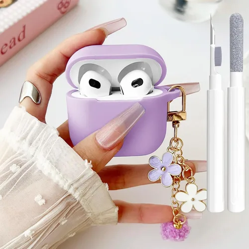 Miniatura 35 de Bonita funda negra para Airpods de 2ª/1ª generación para niñas y mujeres, con llavero de pompón de flores y kit de limpieza, funda protectora tipo