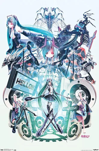 Miniatura 11 de Trends International Hatsune Miku - Póster de pared Hello, 14.725 x 22.375 pulgadas, versión con marco de madera tipo granero