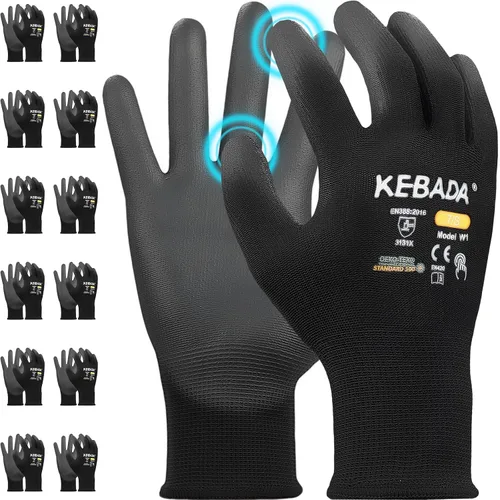 Miniatura 9 de Kebada Guantes de trabajo de seguridad, paquete de 120 pares a granel, pantalla táctil, revestimiento de poliuretano, ideales para almacén, Negro