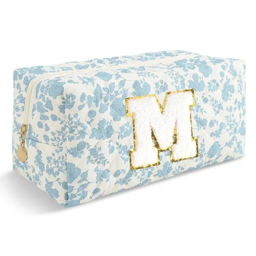 Miniatura 396 de Pequeña bolsa de maquillaje personalizada con inicial A-Z Preppy Patch, bolsa de cosméticos de viaje de felpilla blanca con cremallera, bonita bolsa