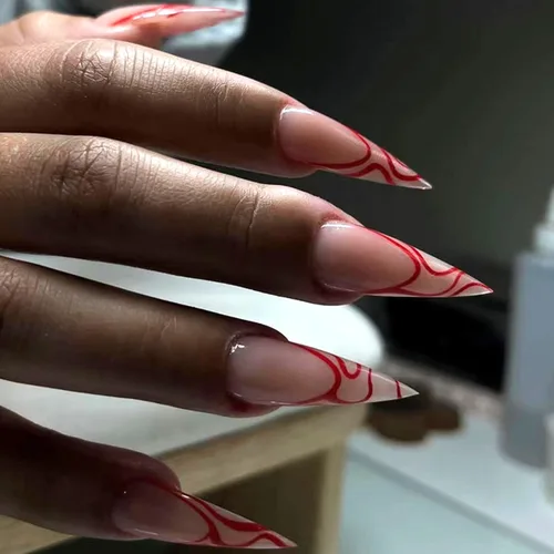 Miniatura 10 de Uñas postizas a presión de color rojo vino brillante, uñas postizas largas de almendra, uñas postizas onduladas doradas irregulares con pegamento