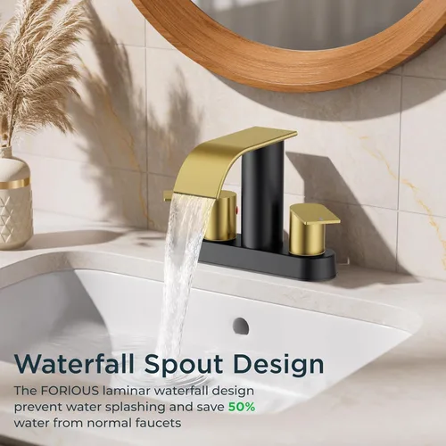 Miniatura 7 de FORIOUS Grifos de baño negros y dorados, cascada de 4 pulgadas con drenaje desplegable de metal y manguera cUPC para lavabo, tocador, RV, pedestal