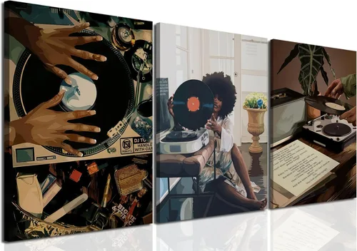 Miniatura 13 de Arte de pared de niña negra, impresiones modernas de pintura de mujer negra, juego de 3 pósteres de tocadiscos de música afroamericana, lienzo