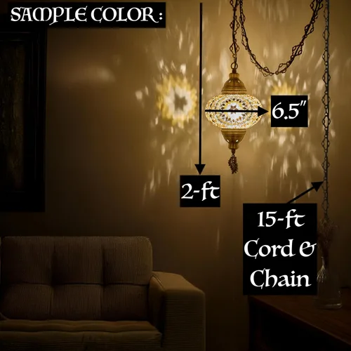 Miniatura 4 de DEMMEX Lámpara Colgante de Techo de Mosaico Turco Marroquí Enchufable – Luminaria Tipo Swag con Cable de 15 pies y Cadena, Vidrio Hecho a Mano