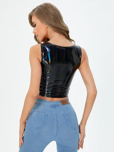 Miniatura 2 de Floerns Camiseta corta sin mangas de piel sintética con cuello en V para mujer