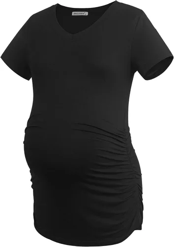 Miniatura 6 de Smallshow Ropa de maternidad con cuello en V para mujer, camiseta de embarazo fruncida lateral