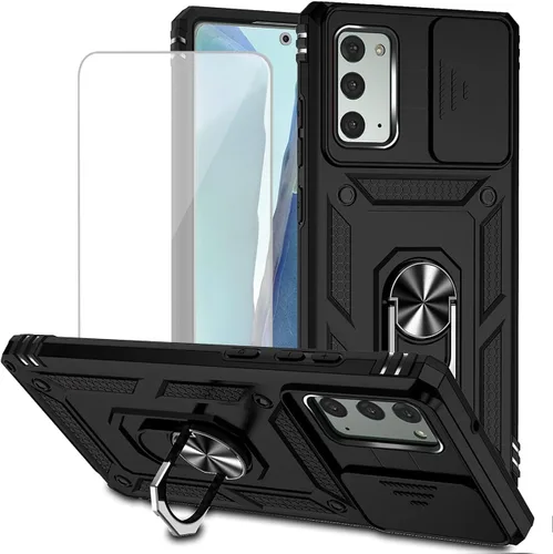 Funda para Galaxy Note 20 5G, Samsung Note 20 SM-N981U con protector de pantalla de vidrio templado y cubierta de cámara deslizante, anillo Negro