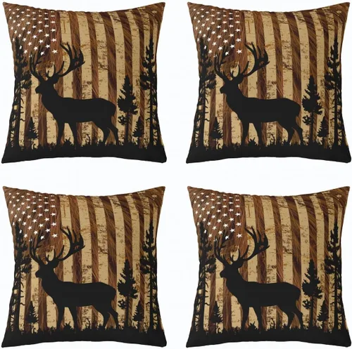 Miniatura 3 de Funda de almohada de piel de vaca, con bandera estadounidense, ciervos, cuernos de caza, para decoración del hogar, sala de estar, funda de cojín