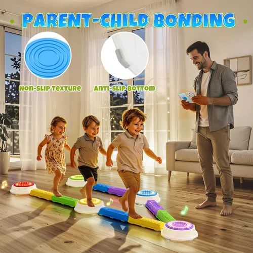 Miniatura 4 de Wee Wonders Piedras iluminadas y haz de equilibrio para niños, piedras de paso con música de piano, juego giratorio y 30 tarjetas, juguetes