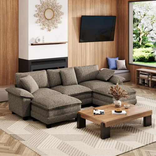 Miniatura 10 de MIXPATIO Sofá modular en forma de L de 123 pulgadas con cojines de nube, juego de sofá modular de asiento profundo con 4 asientos y 1 otomana, Gris