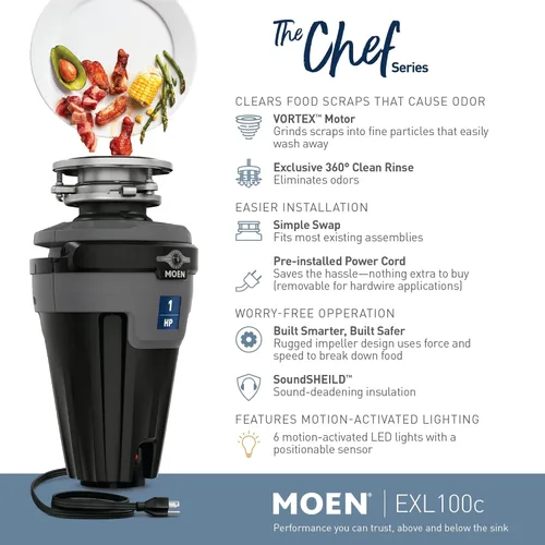 Miniatura 2 de Moen Chef Series 1 HP - Triturador de basura con alimentación continua y luz, reducción de ruido para debajo del fregadero, incluye cable