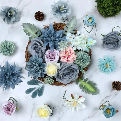 Miniatura 4 de AmyHomie - Juego de flores artificiales azules, mezcla de seda, peonía, rosa, hortensia, flores falsas con tallo para bricolaje, ramos de boda