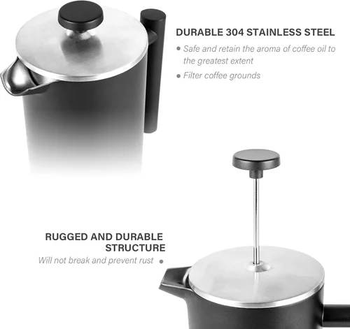 Miniatura 7 de Cafetera de prensa francesa, prensa de café de acero inoxidable 304, 34 onzas (4 tazas), cafetera con recipiente de café de 2.16 onzas, prensas
